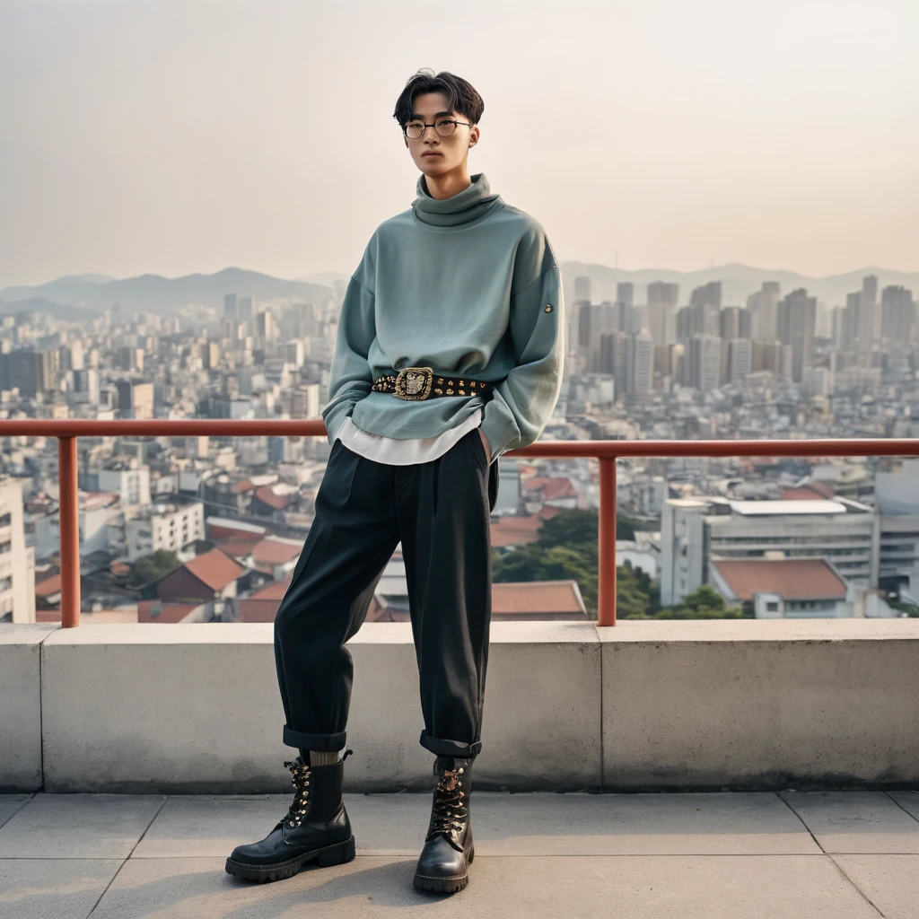 Young man in hybrid korean streetwear and combat boots