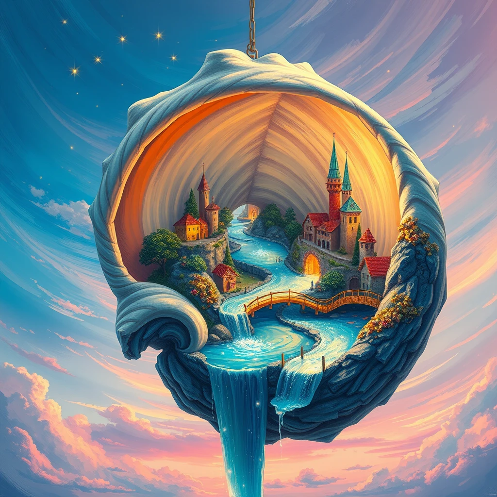 Surreal floating seashell city in a glowing pastel sky
