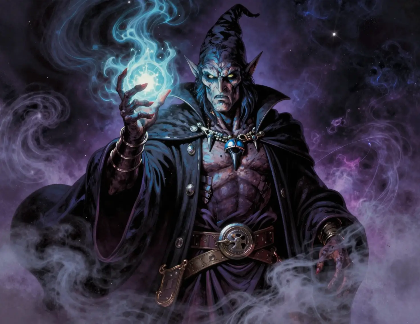 Dark sorcerer casting magic amid swirling cosmic dust