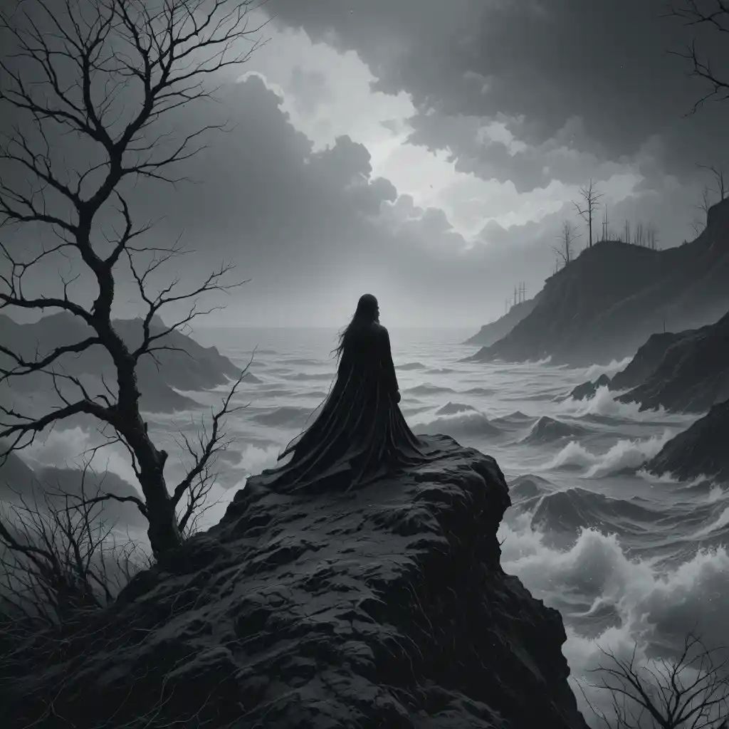 Woman in black cloak on cliff above stormy sea