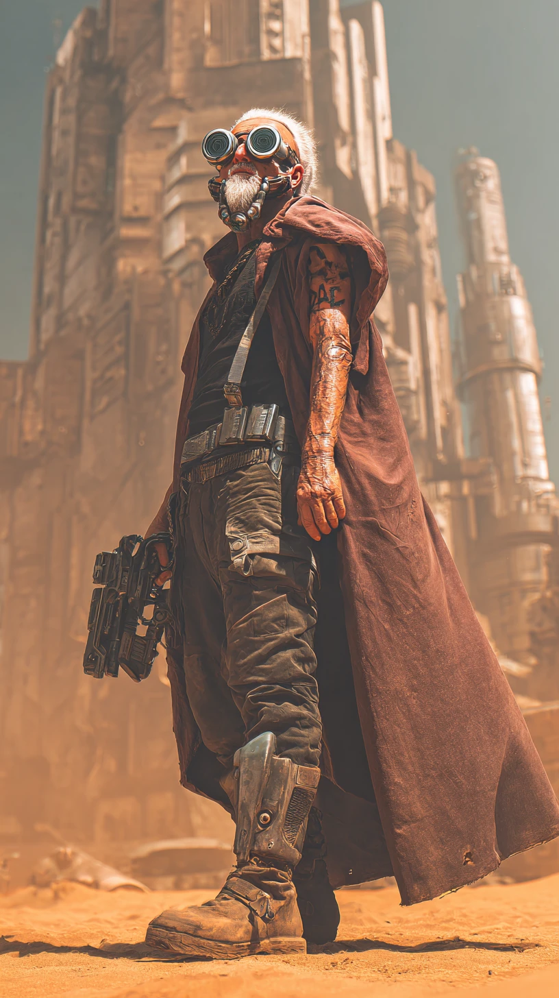 Old man in desert before 1930s style dystopian city