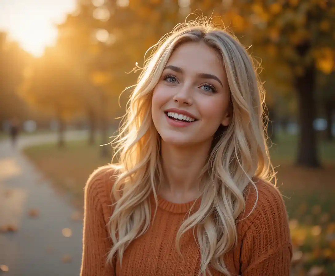 Blonde woman laughing in sunset light at autumn park