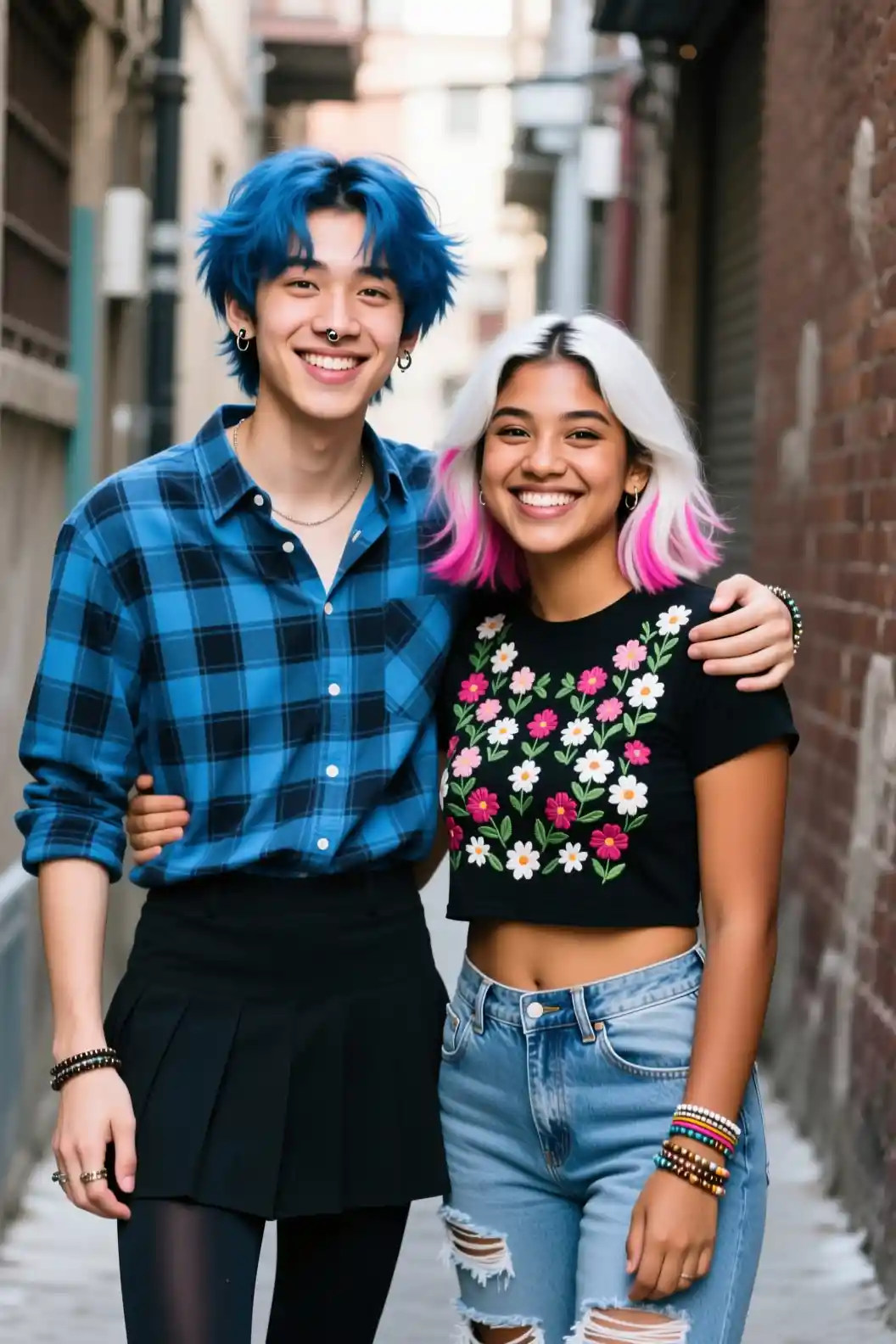 Smiling teenage friends hugging in an urban alley