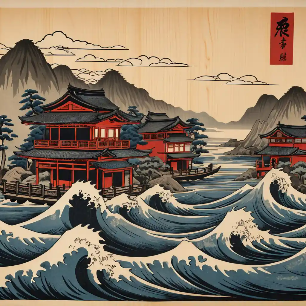 Edo period ukiyo e seascape with dramatic ocean waves