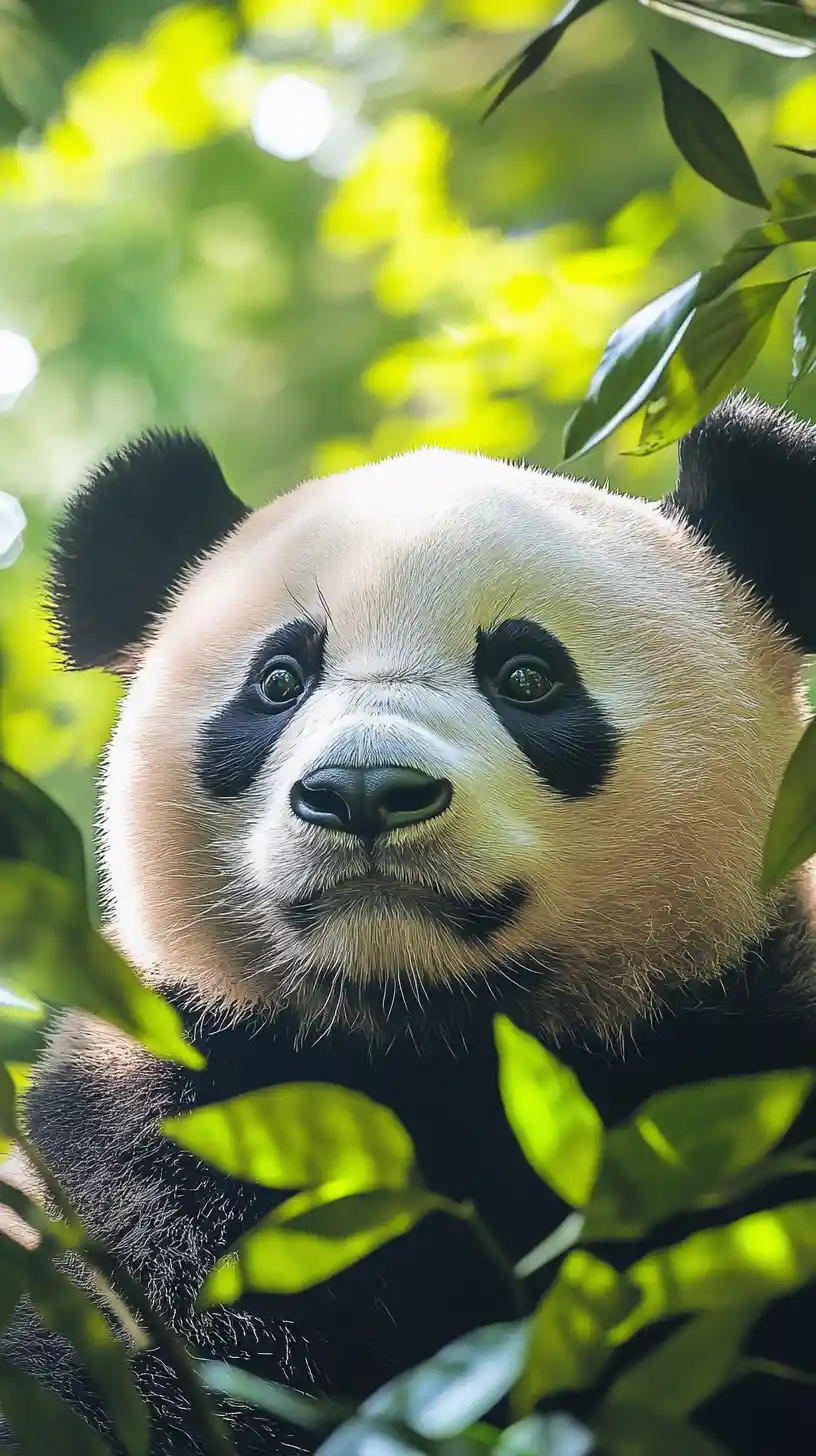 Giant panda close up in lush green rainforest