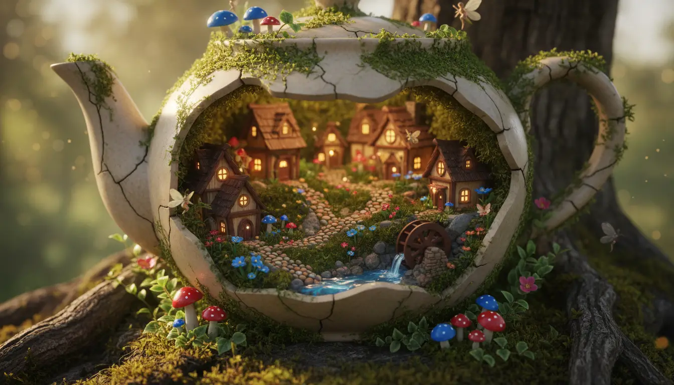 Tiny fairy tale village hidden inside a teapot
