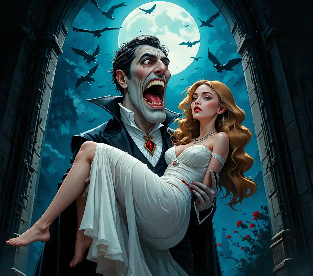 Vampire looming over unconscious woman under gothic moonlight