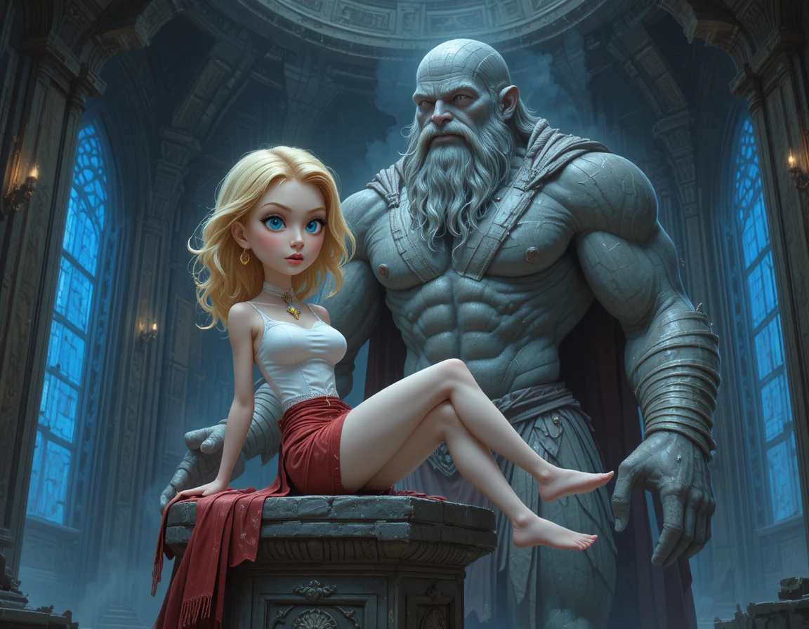 Blonde girl on pedestal before bandaged stone giant