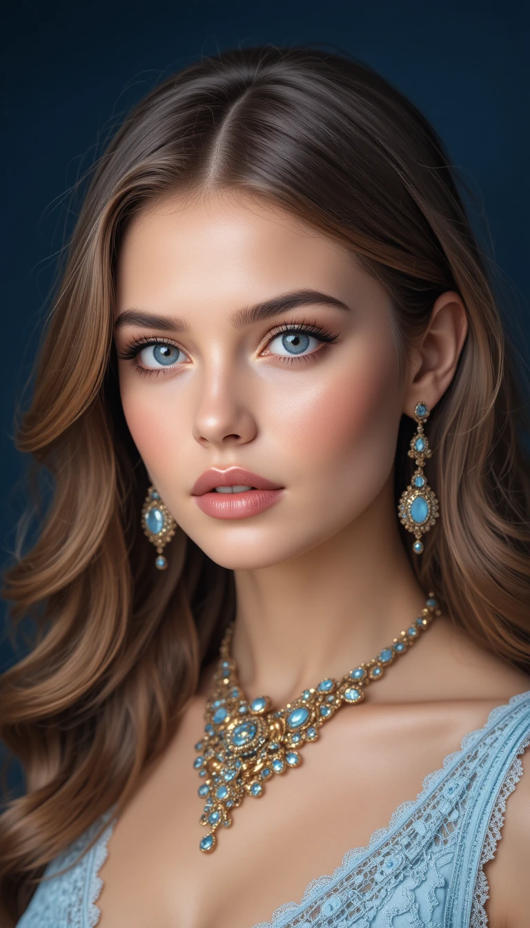 Donna elegante con occhi azzurri in ritratto con collana di gioielli