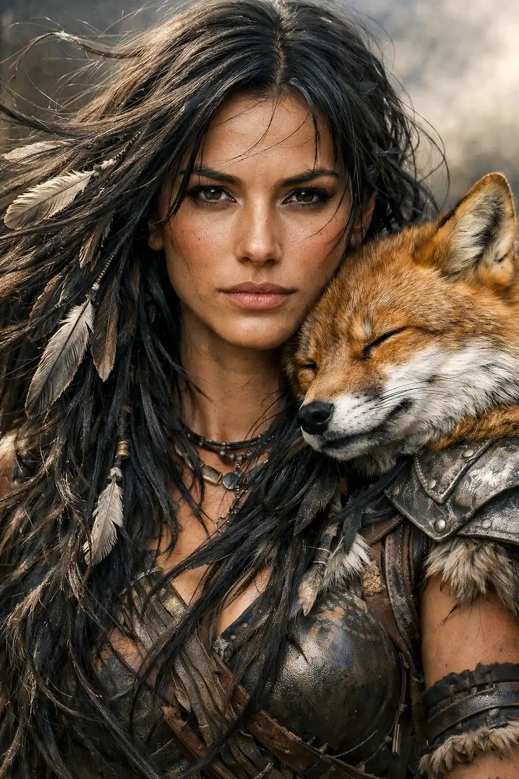 Portrait en graphite d’une guerrière sereine avec un renard