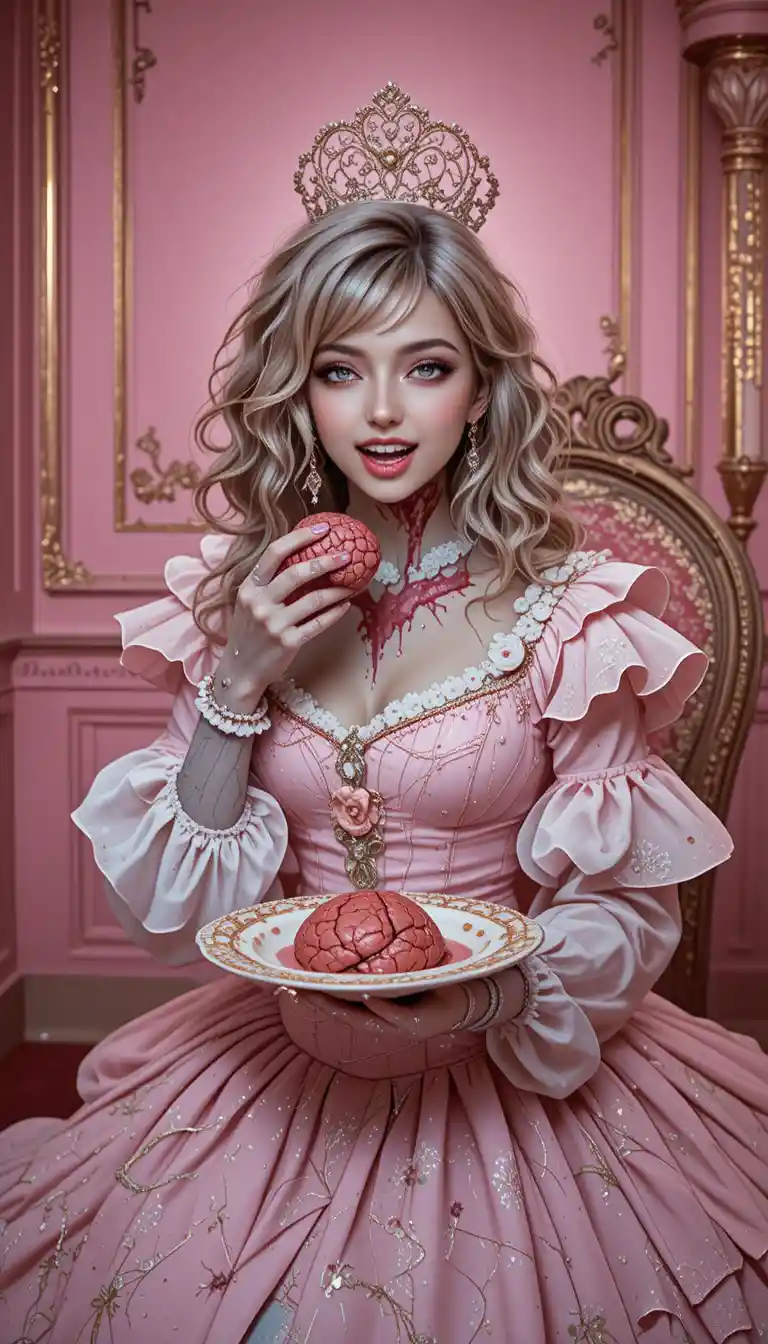 Rainha zumbi comendo cérebros em um salão real rococó rosa