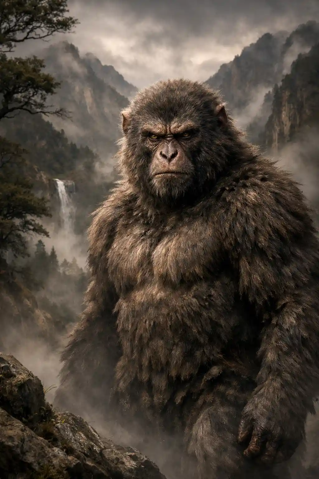 Uomo scimmia mitico in una foresta montana giapponese avvolta nella nebbia