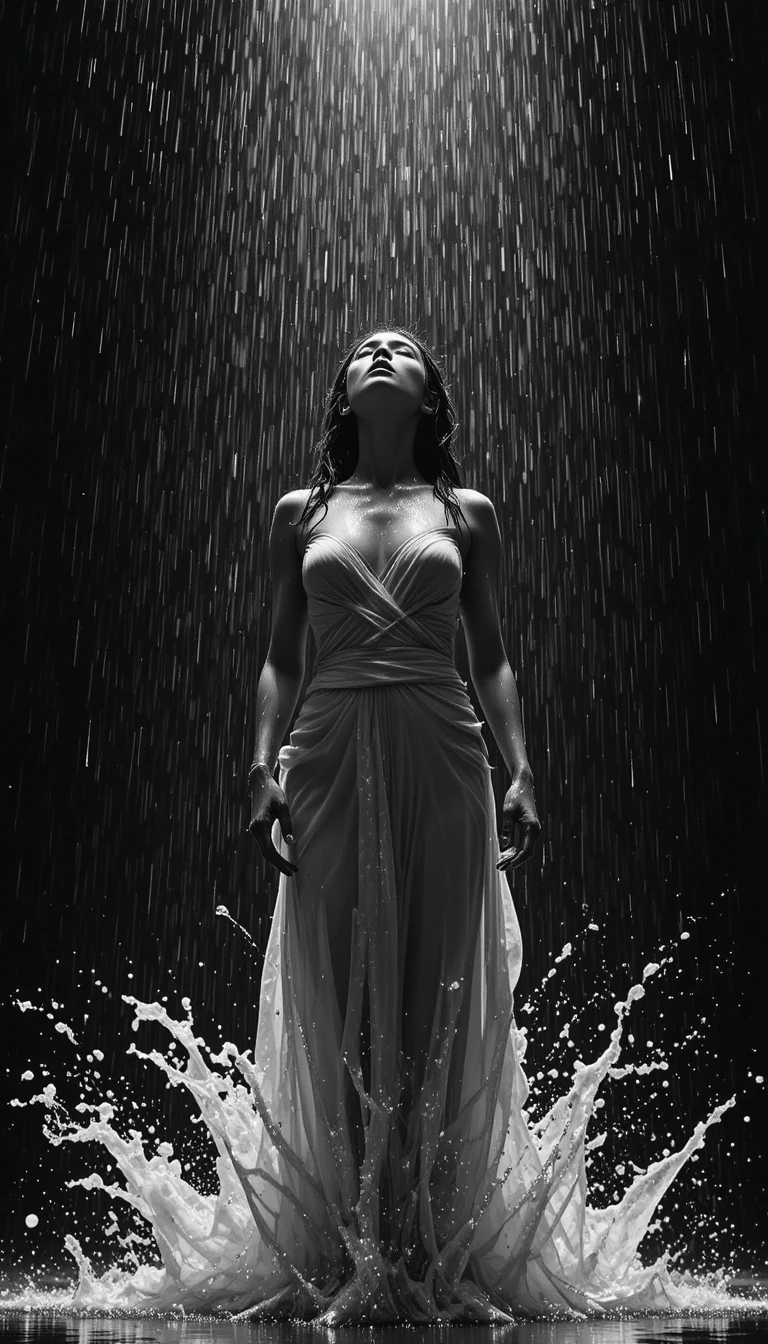 Woman in torrential rain under dramatic overhead spotlight