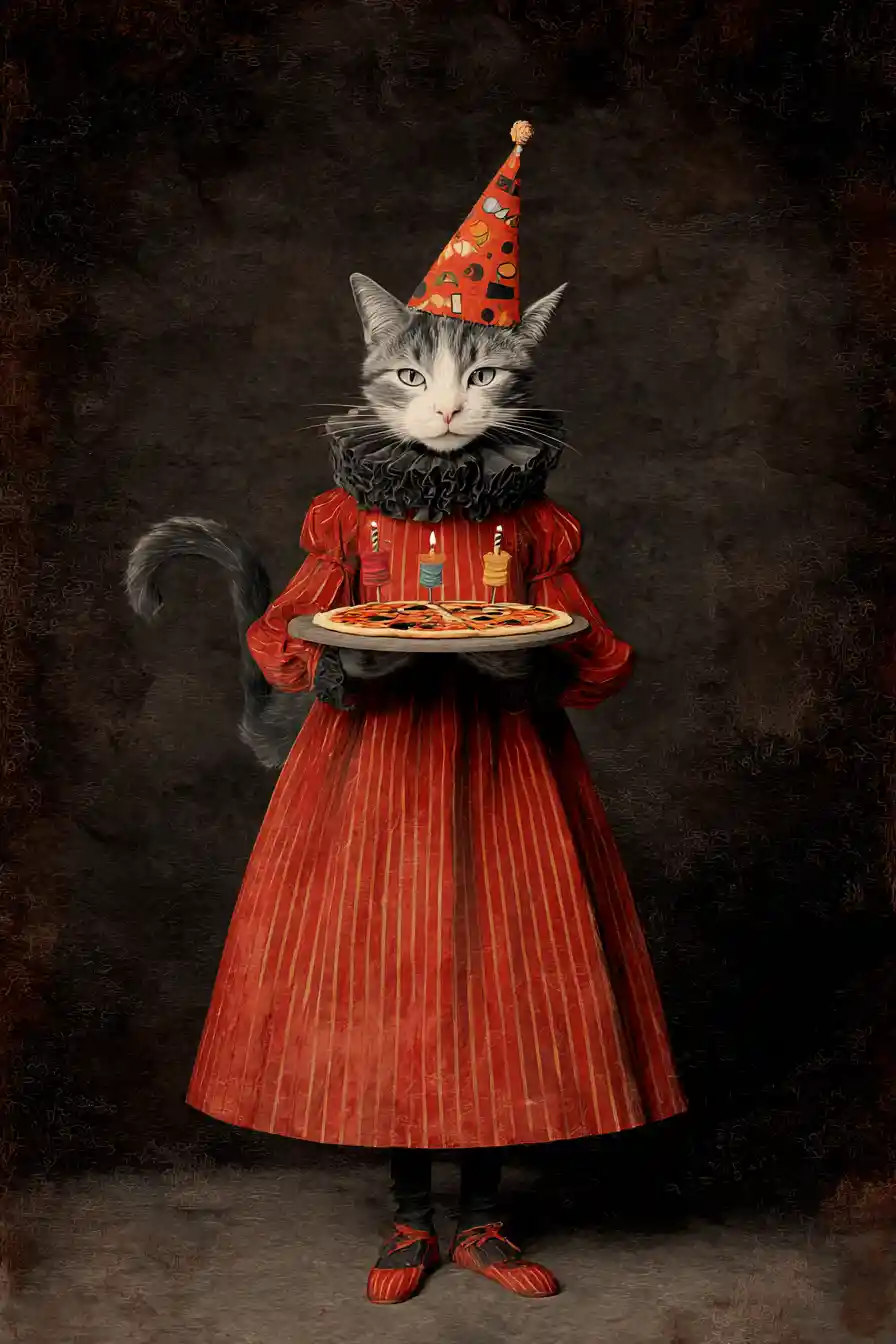 Signora dei gatti surreale con pizza di compleanno e candeline