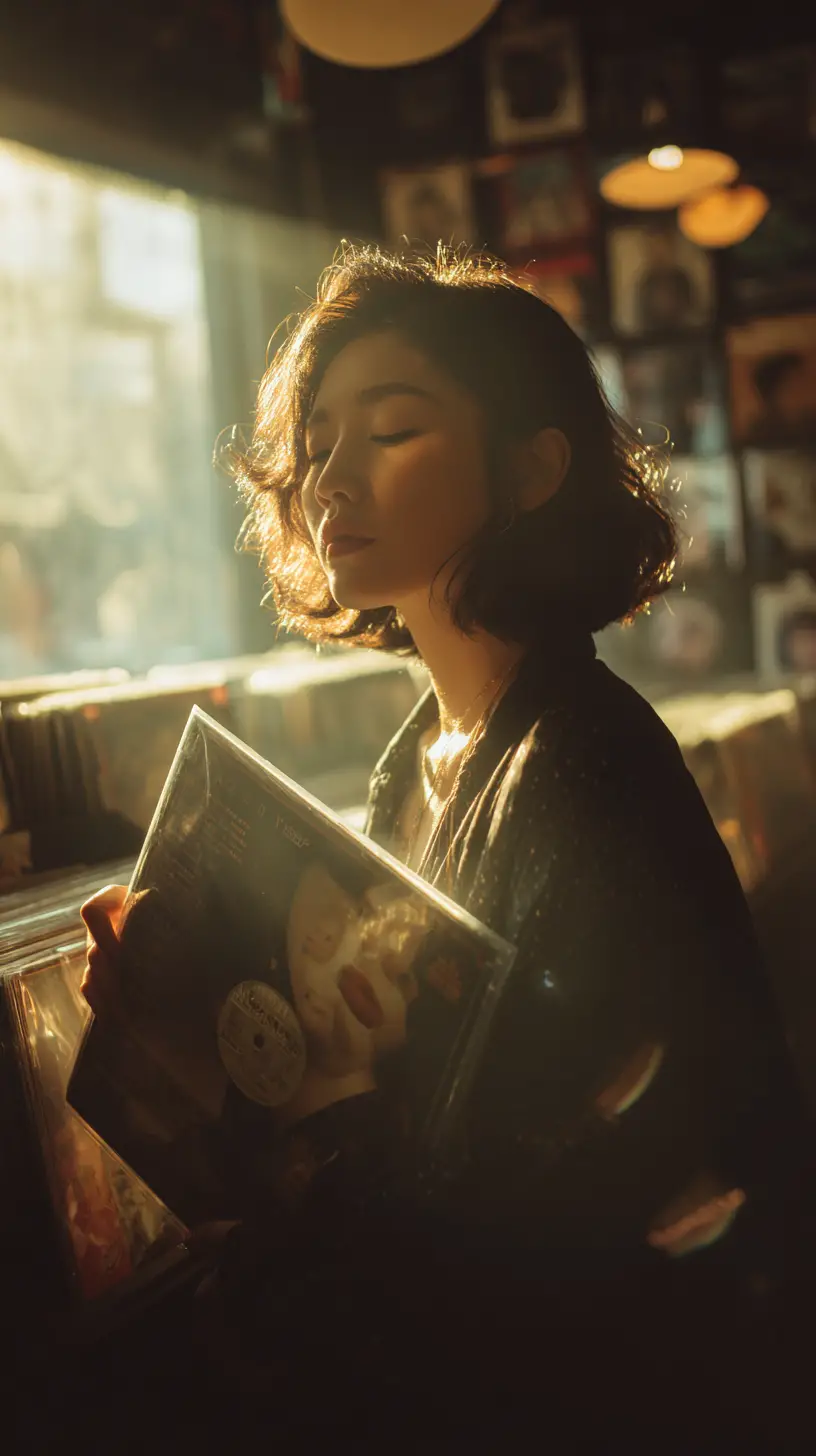 Asian woman in sunlight browsing records in a store