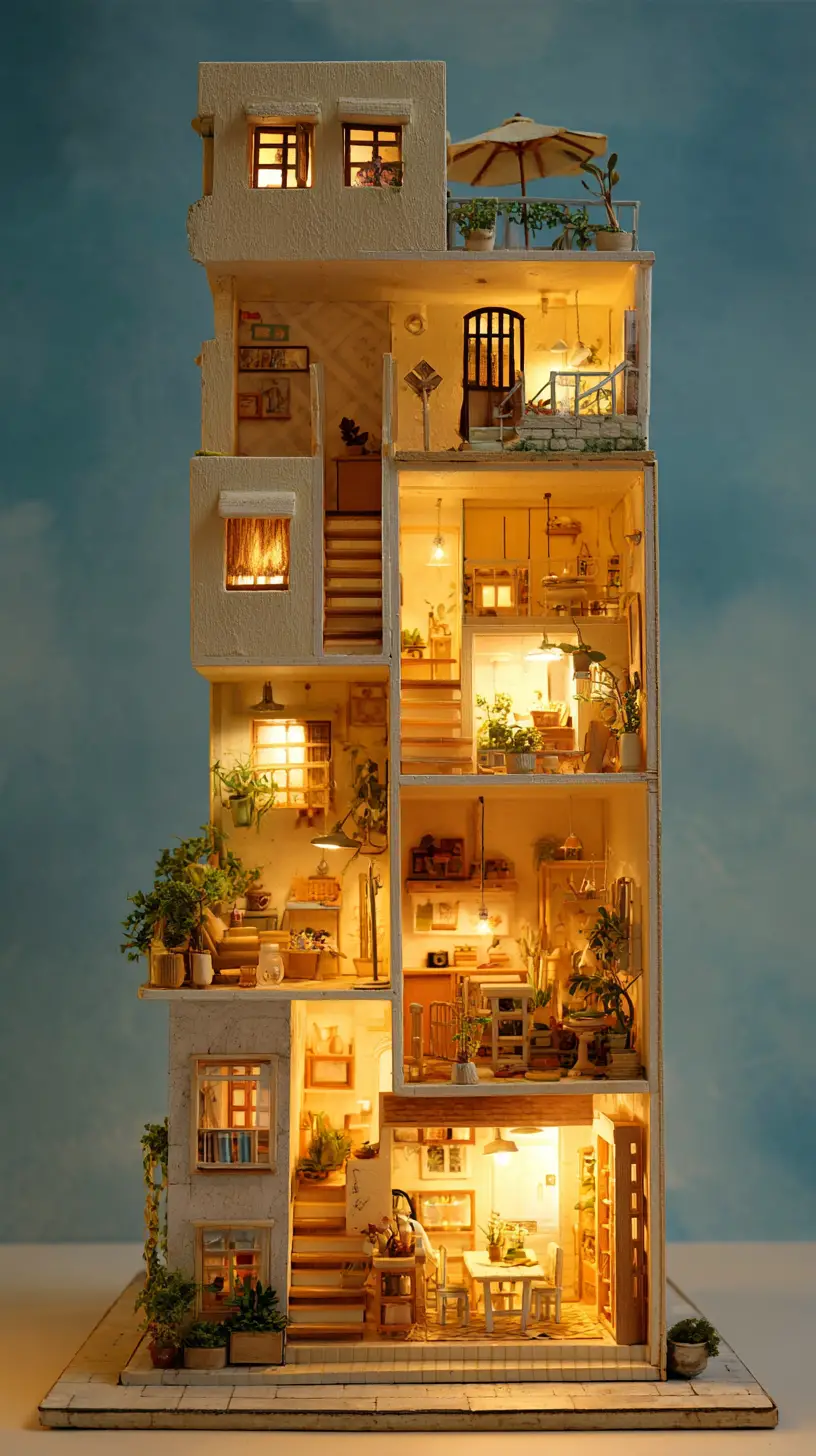 Cozy Miniature Apartment Building Cross Section With Warm Rooms