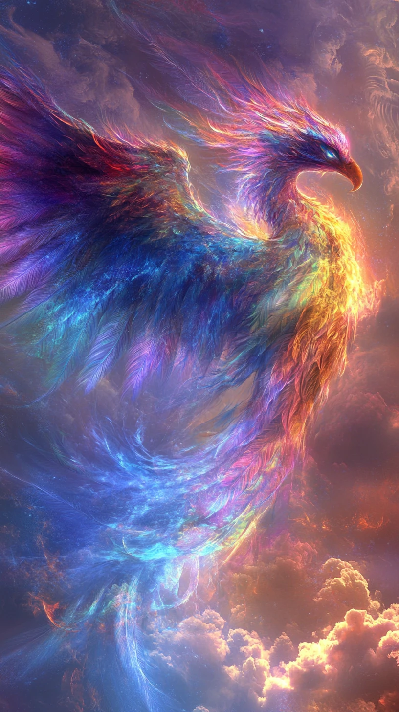 Majestic harpy rising from swirling iridescent dream mist