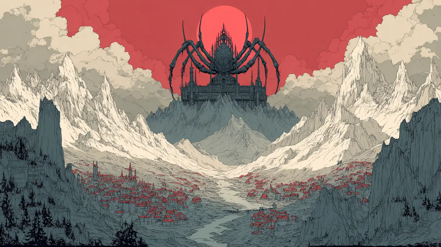 Colossal spider god on a mountain throne above village
