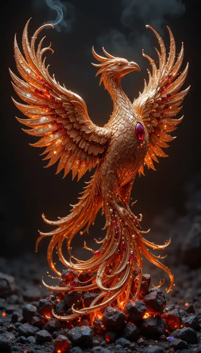 Golden phoenix rising calmly from glowing embered ash