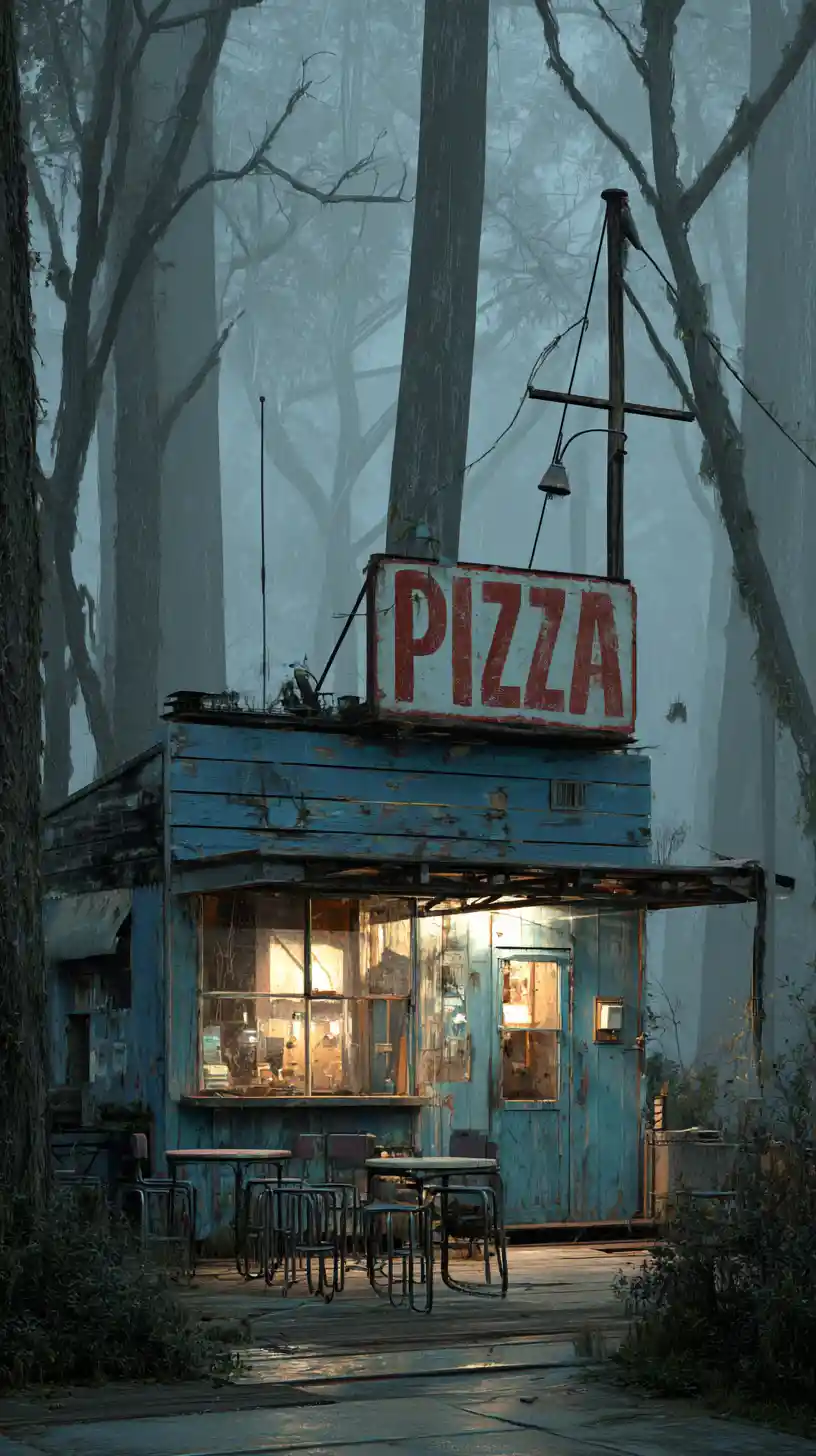 Lonely blue pizzeria glowing softly in a misty forest