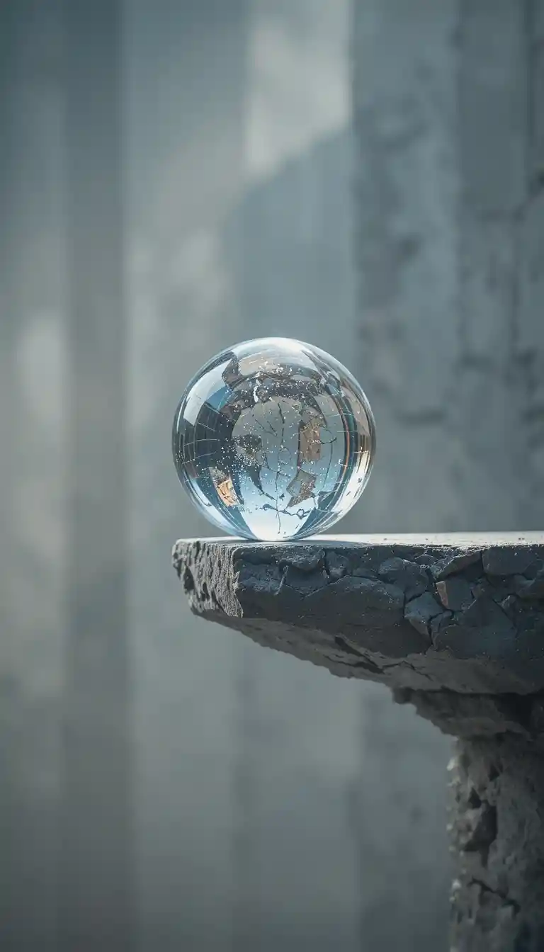 Esfera de cristal equilibrada en el borde de una estrecha losa de piedra