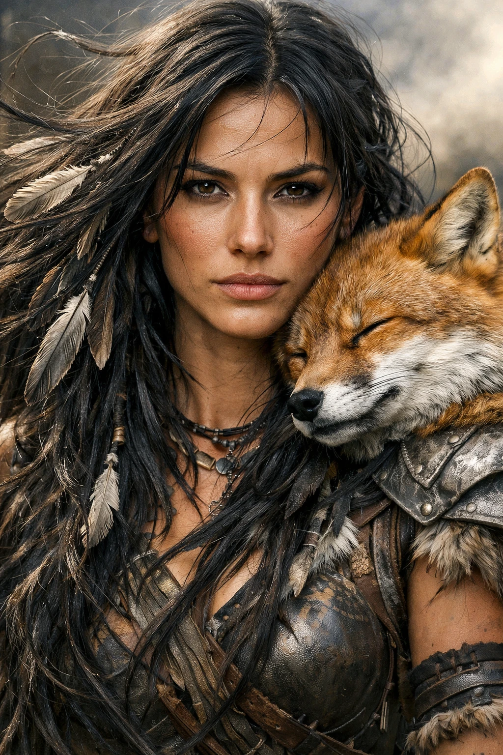 Graphite portrait of a serene warrior woman with a fox