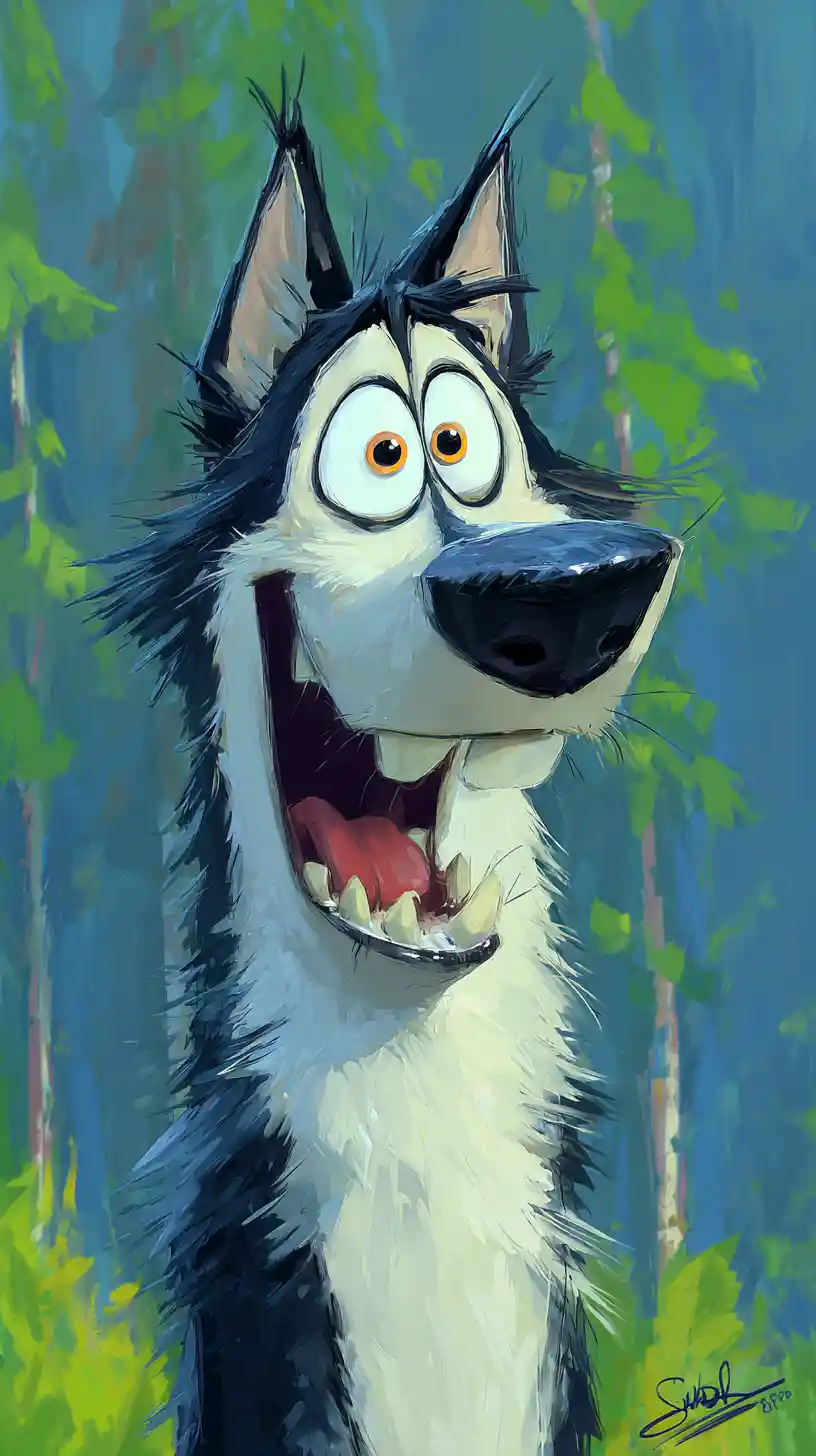 Toller Cartoon-Husky, der in einem hellen Wald lächelt