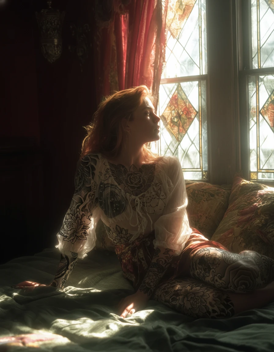 Tattooed woman sitting in a sunlit room, looking out of a stained-glass window.
