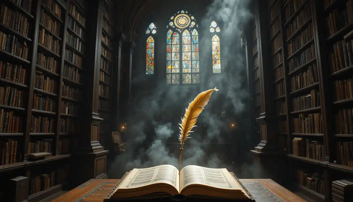 Bibliothèque arcane avec plume dorée flottante et manuscrit ancien