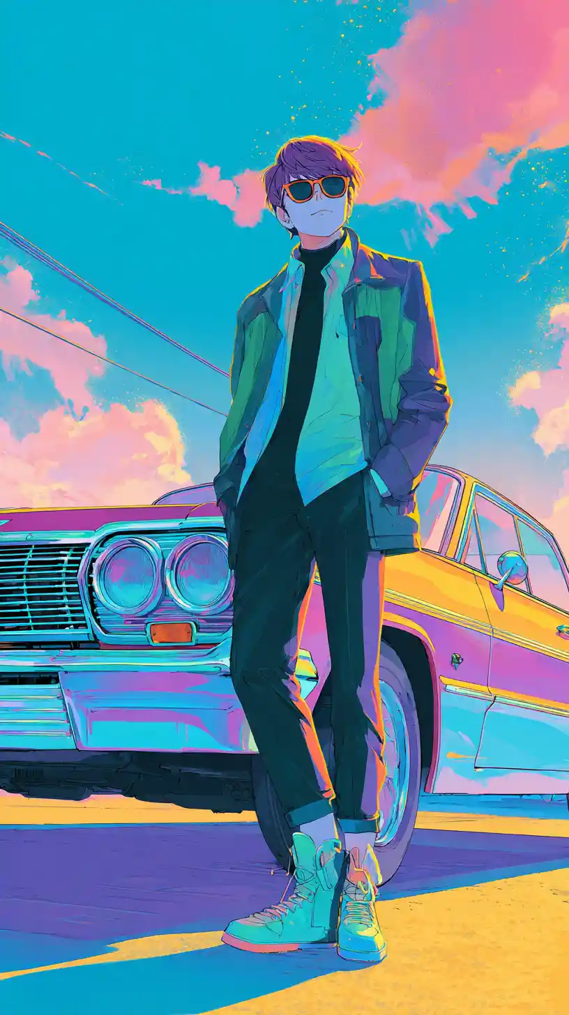 Anime boy with retro car under neon winter sky