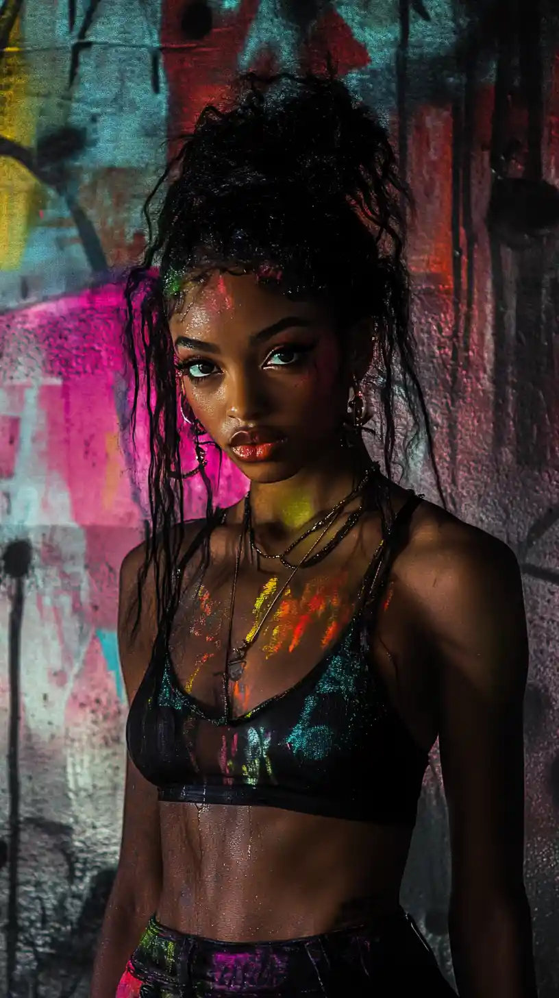 Edgy urban pop princess posing in graffiti fantasy