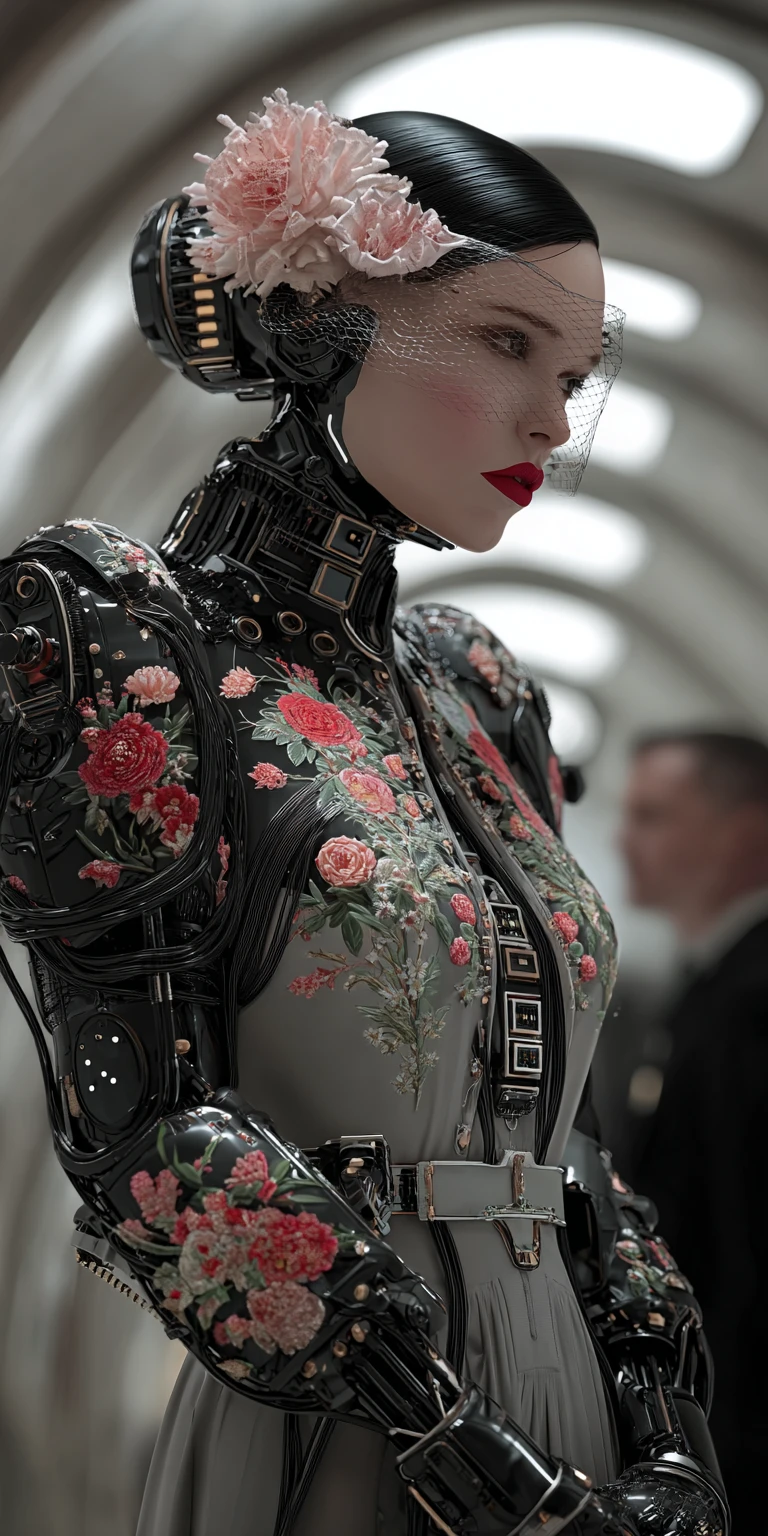Mulher chegando atrasada em um interior surreal repleto de gadgets