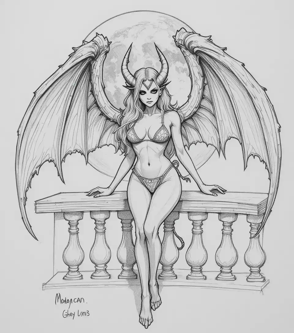 Winged demon woman lounging by a moonlit balustrade