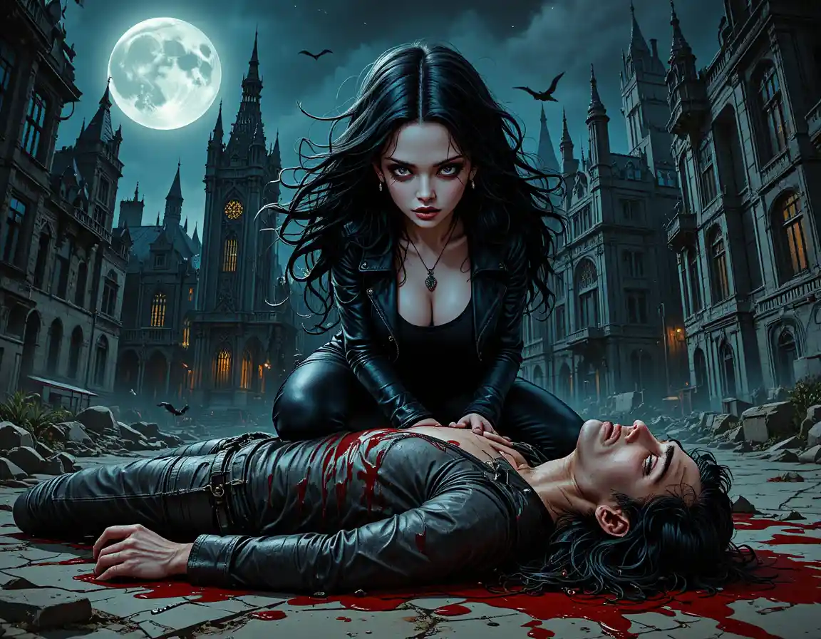 Fierce woman over fallen man under a gothic moon