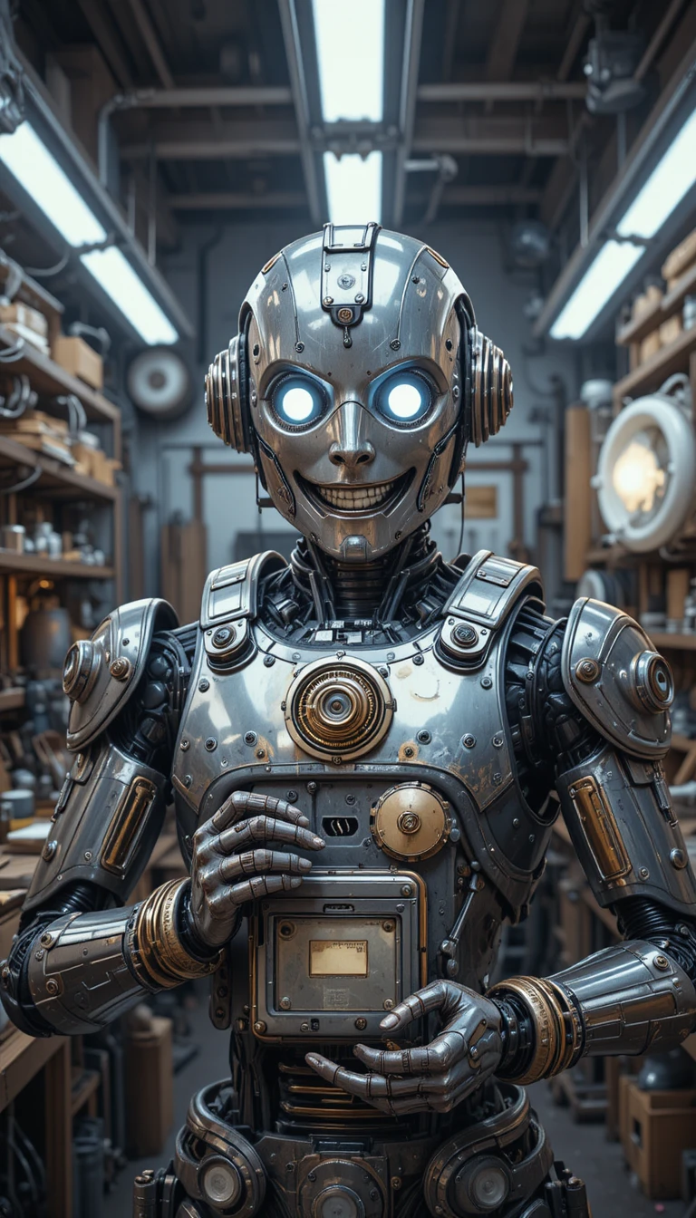 笑顔のロボット整備士が修理したてのクロームマシンを抱えている