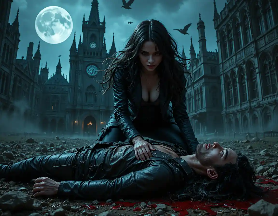 Fierce woman over fallen man in dark gothic city