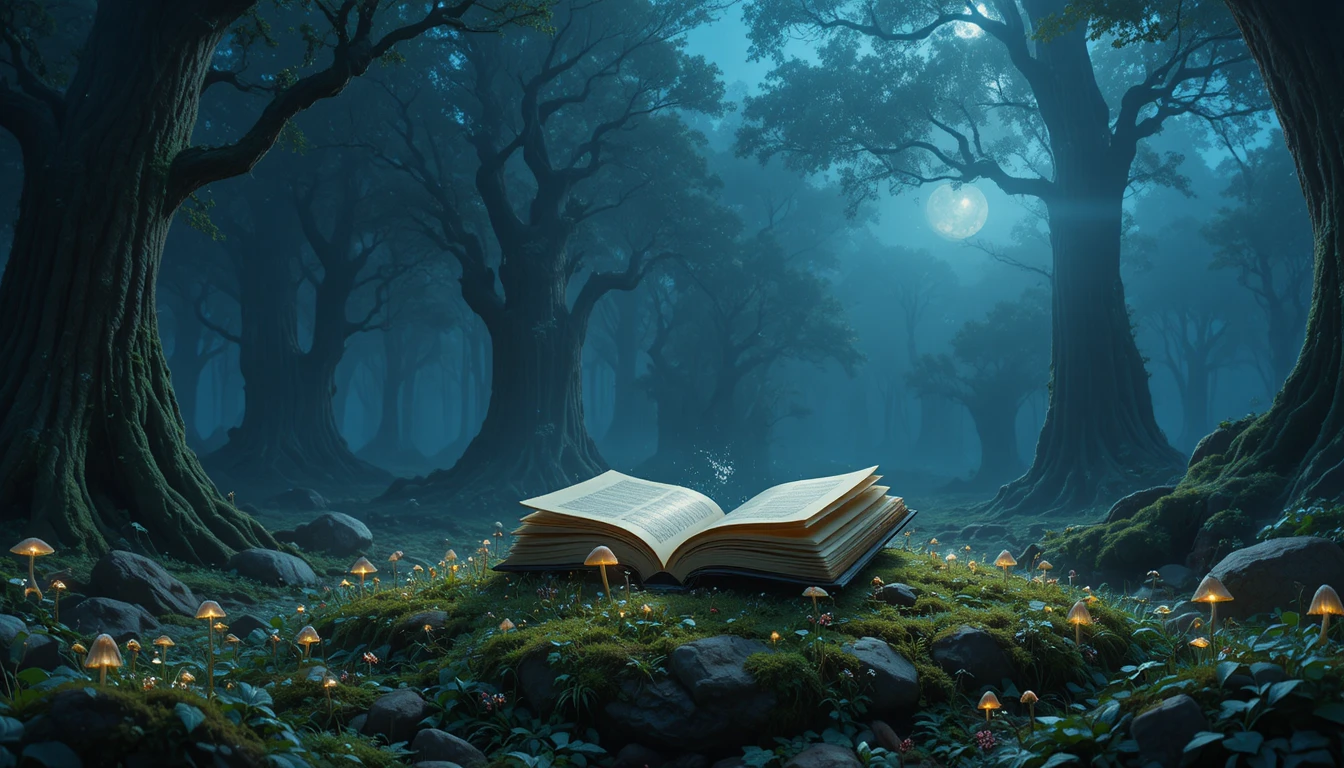 Libro de hechizos brillante en un claro de bosque encantado a la luz de la luna