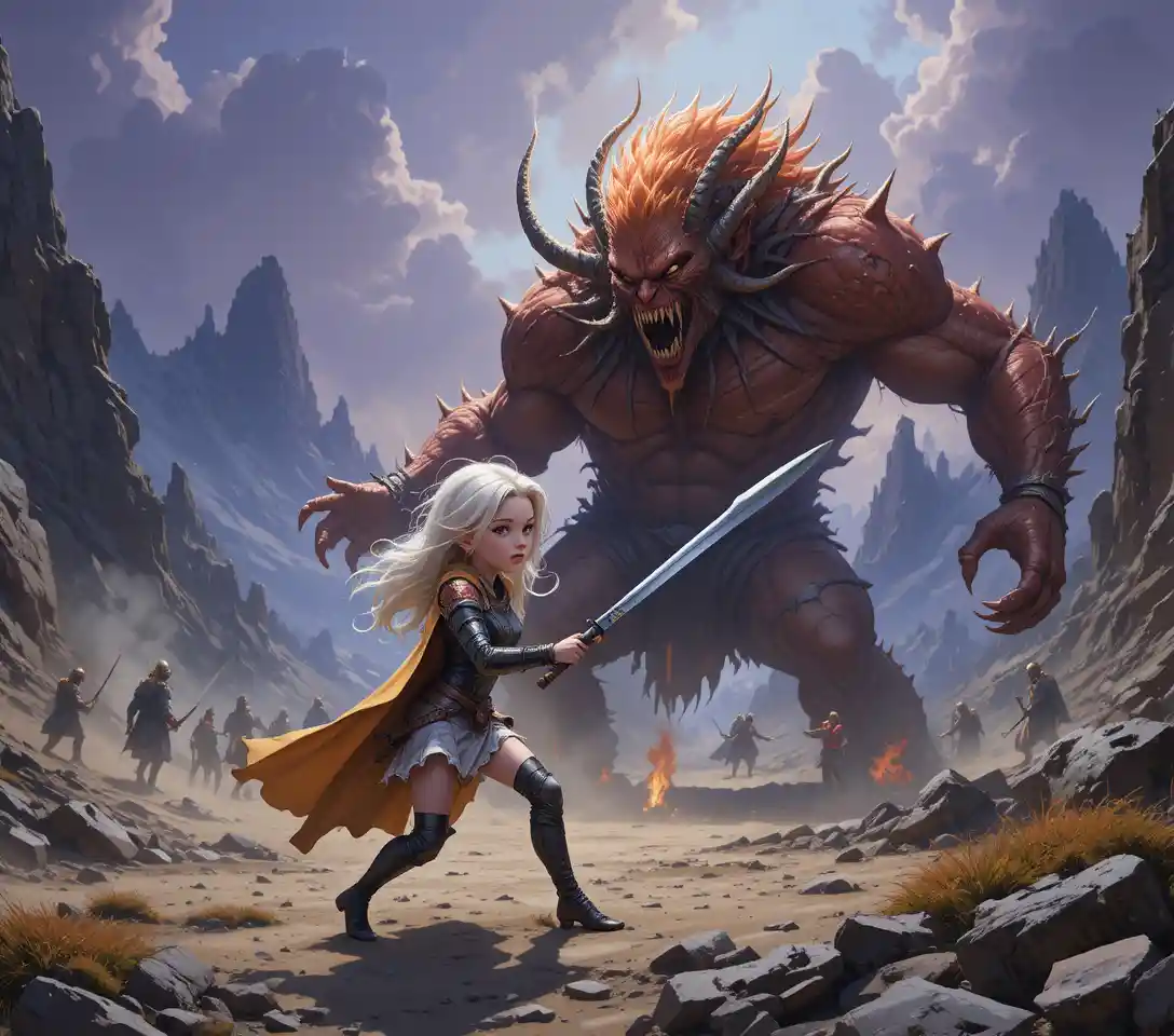 Elf warrior facing a towering fire demon in battle