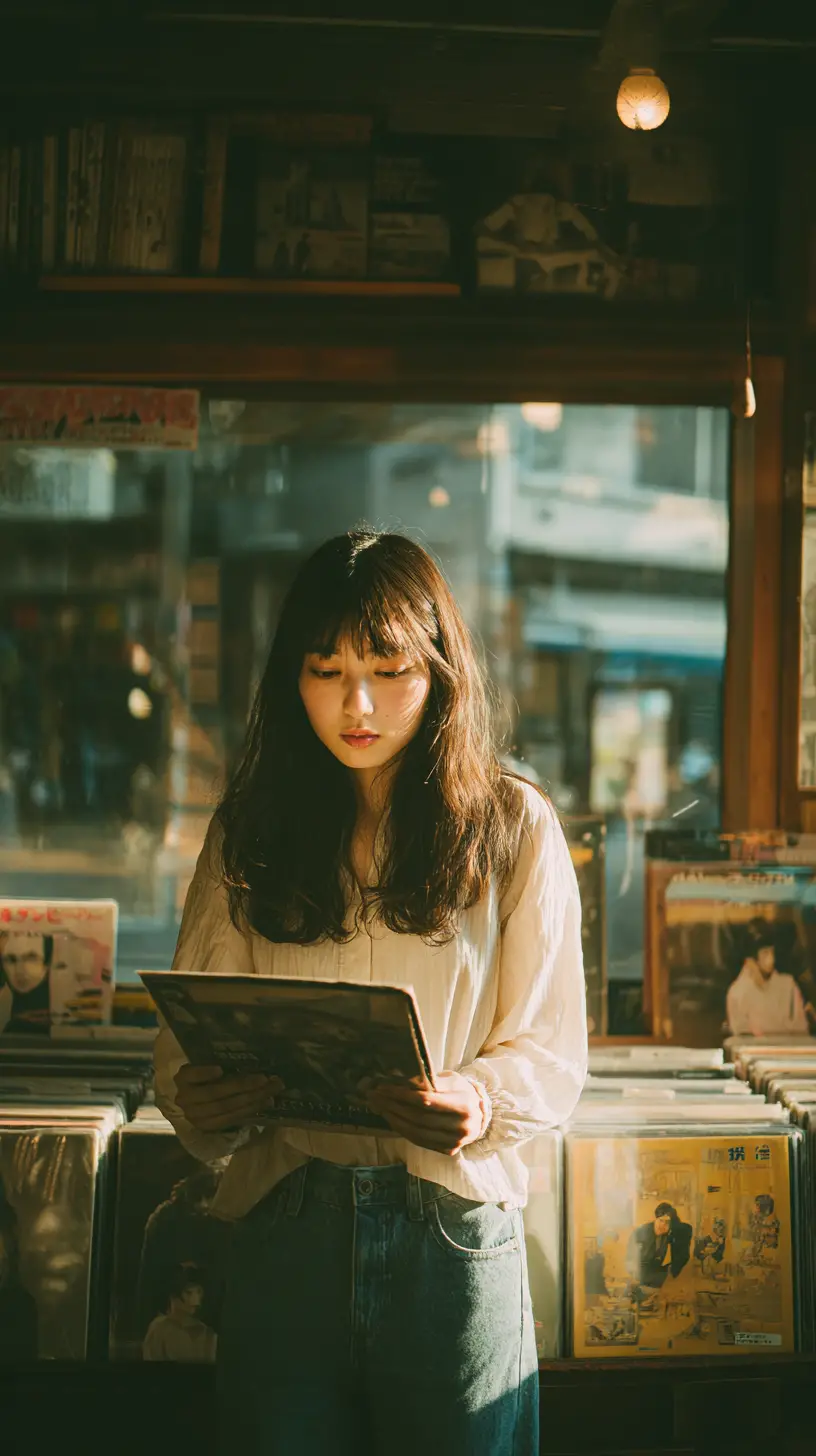 Young woman browsing vinyl in sunlit record store