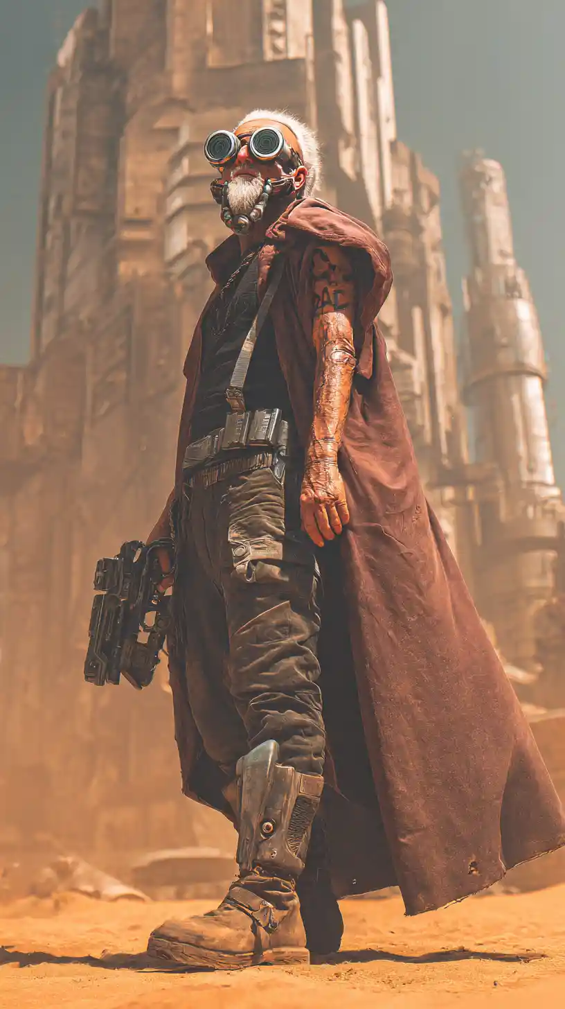 Old man in desert before 1930s style dystopian city