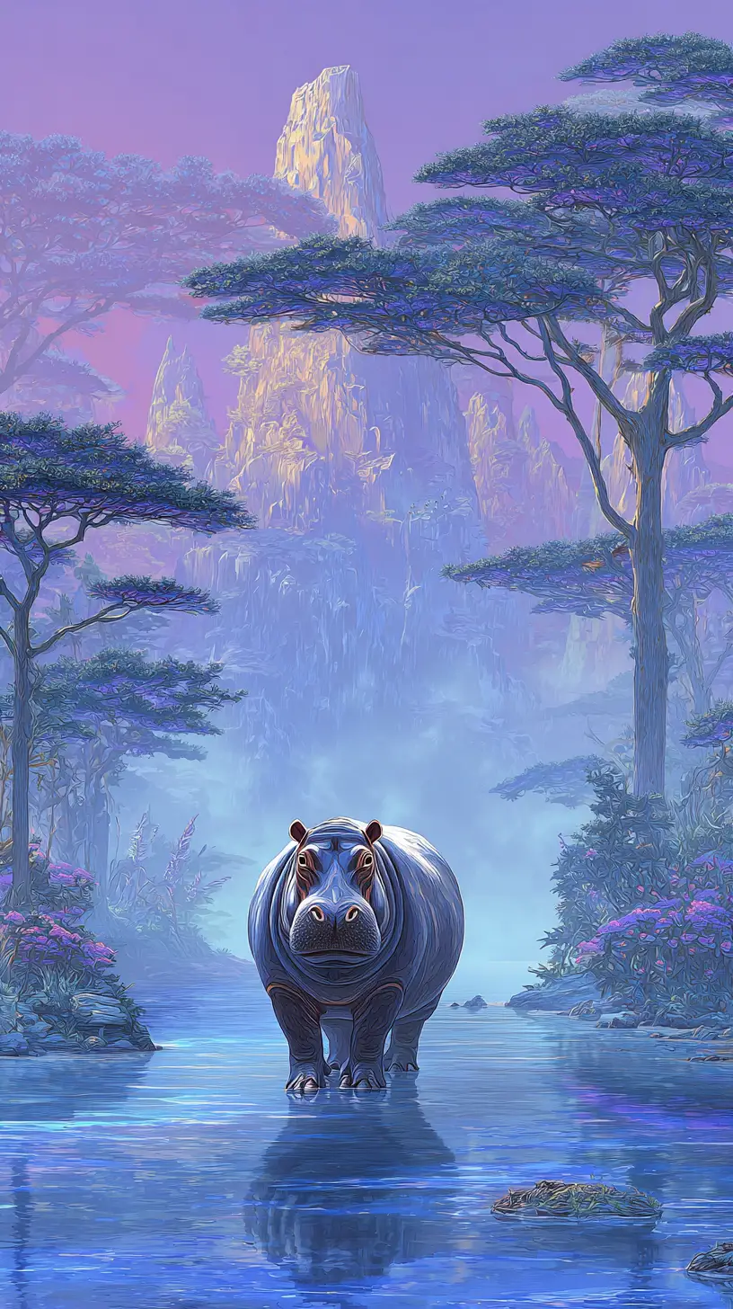 Majestic Hippopotamus Standing In A Wide African River