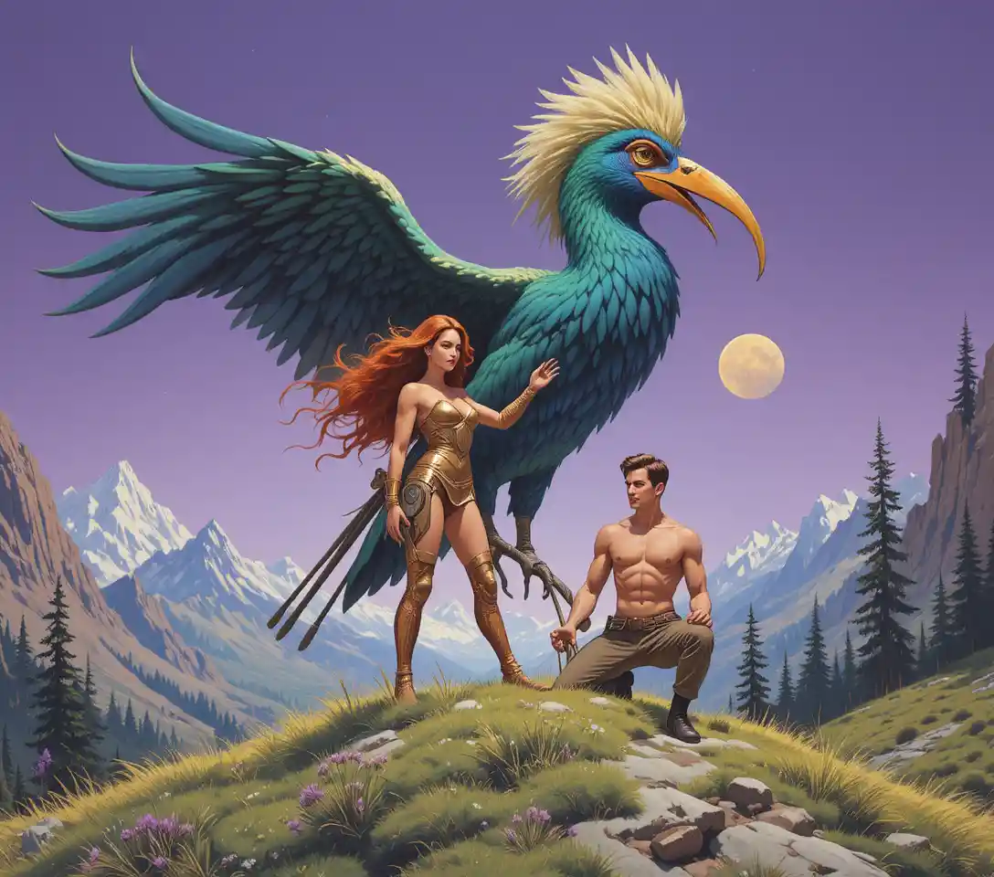 Aventuriers rétro science‑fiction sur un oiseau exotique géant