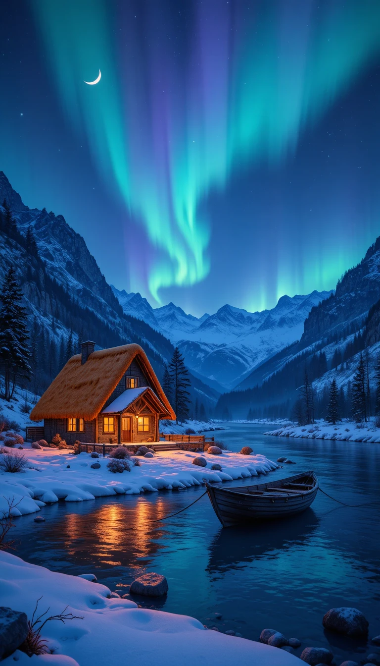 Gemütliches Flusscottage unter Aurora in verschneiten Bergen