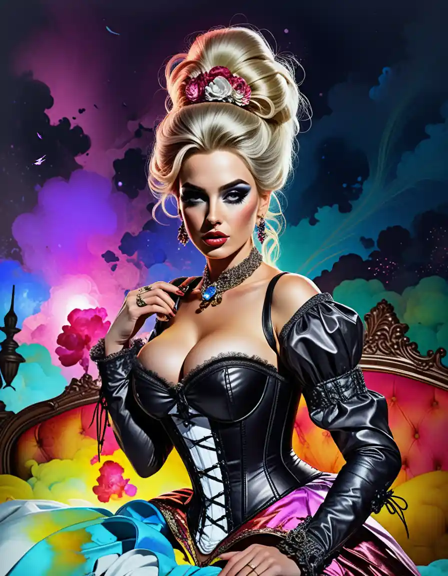 Ornate fantasy courtesan in corset within rococo boudoir