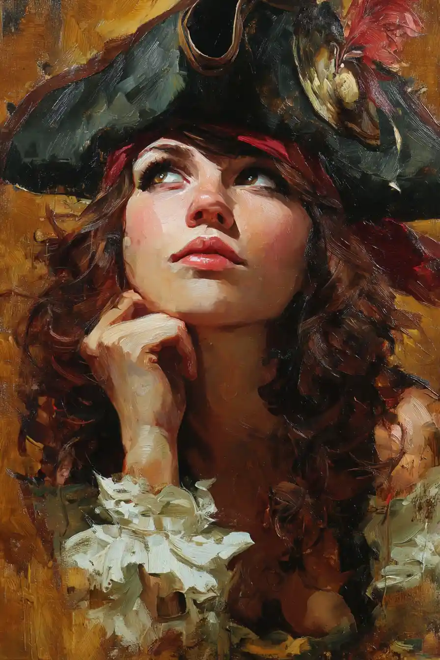 Expressive portrait of a dreamy pirate girl in fantasy painting