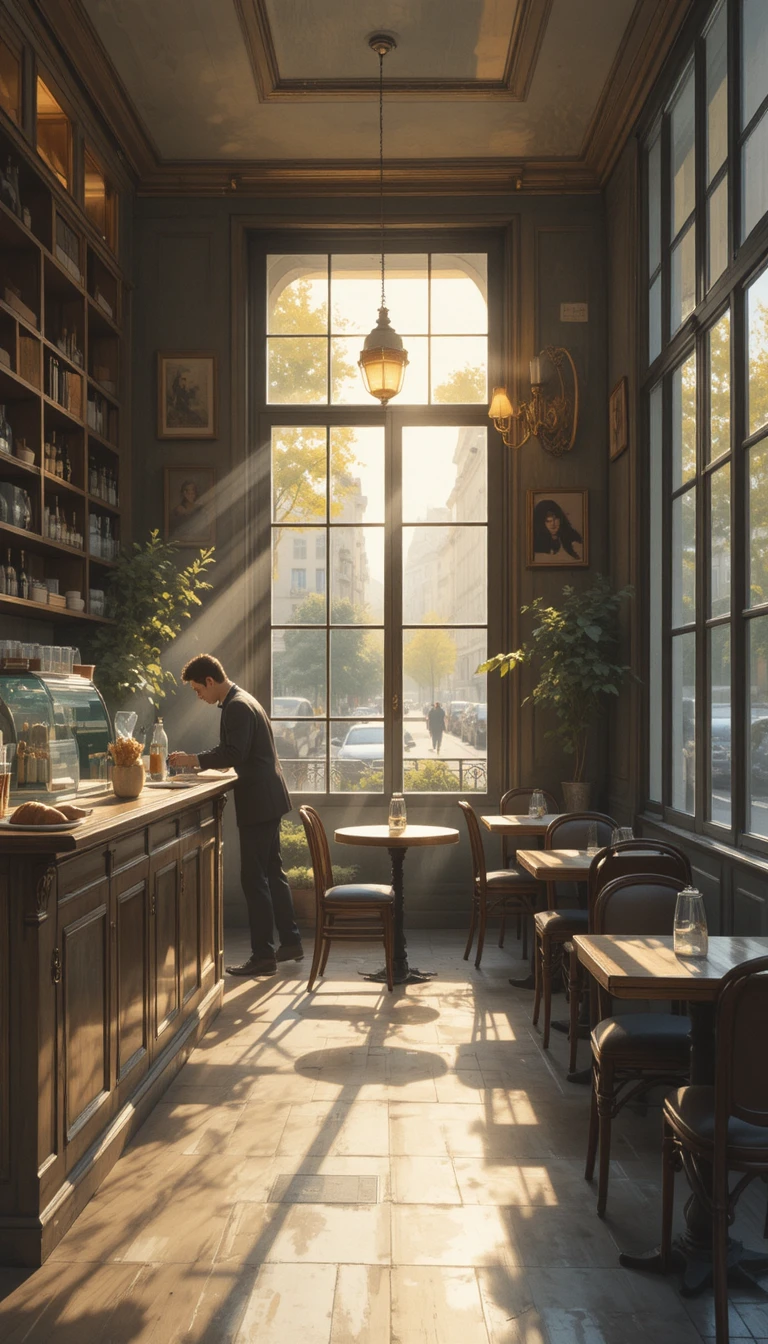 Quiet parisian cafe interior in soft morning light