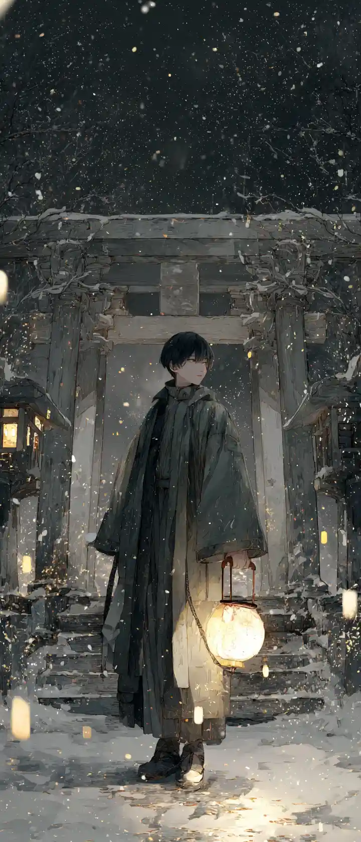 Androgynous wanderer with lantern in snowy midnight shrine