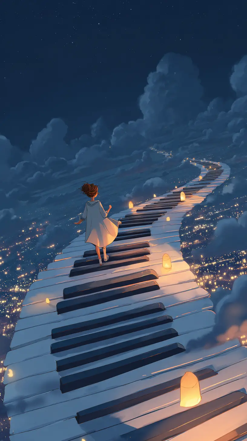 Cute girl running on giant piano key road in sky