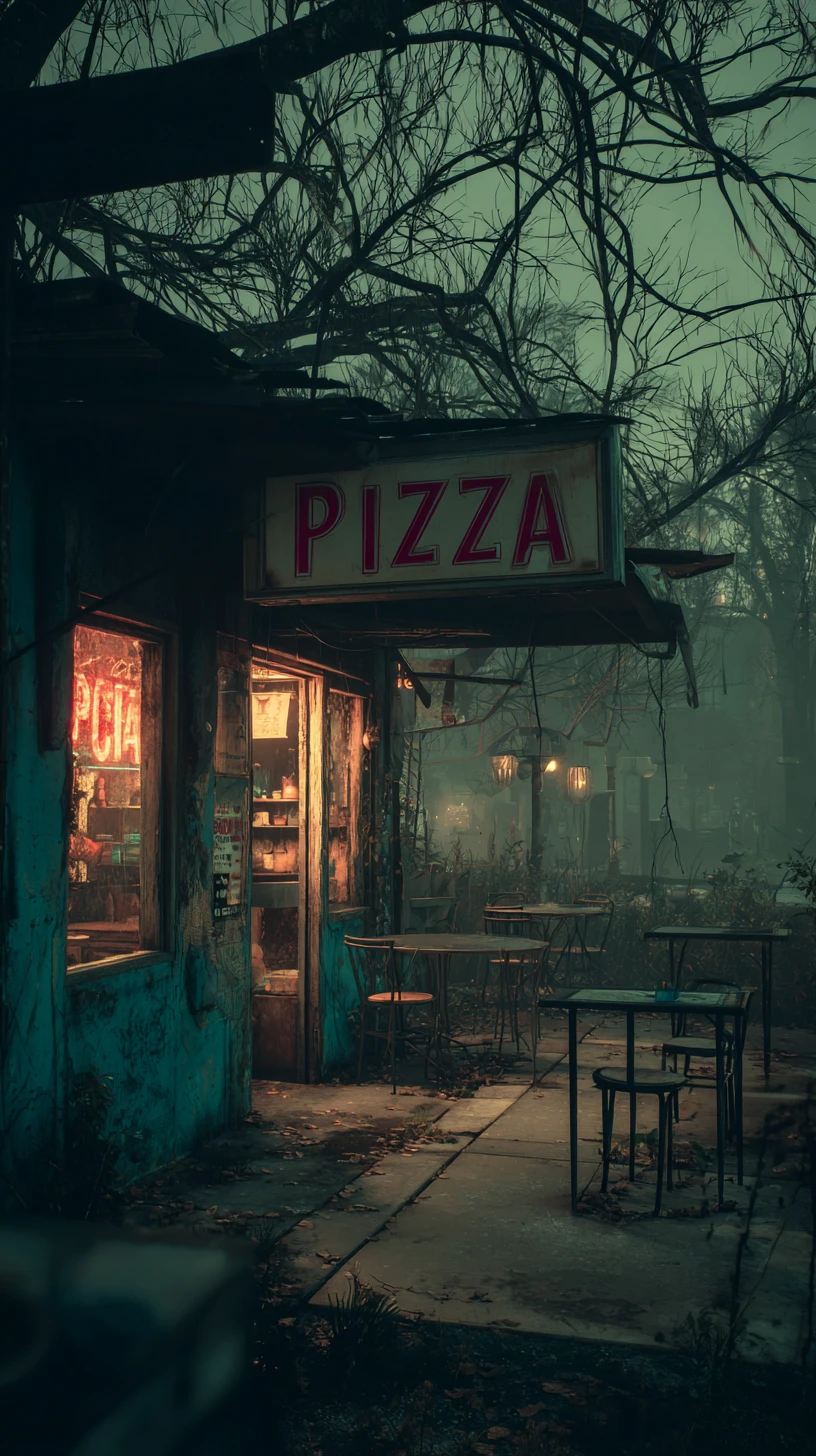 Piccola pizzeria blu che brilla in una foresta oscura al crepuscolo