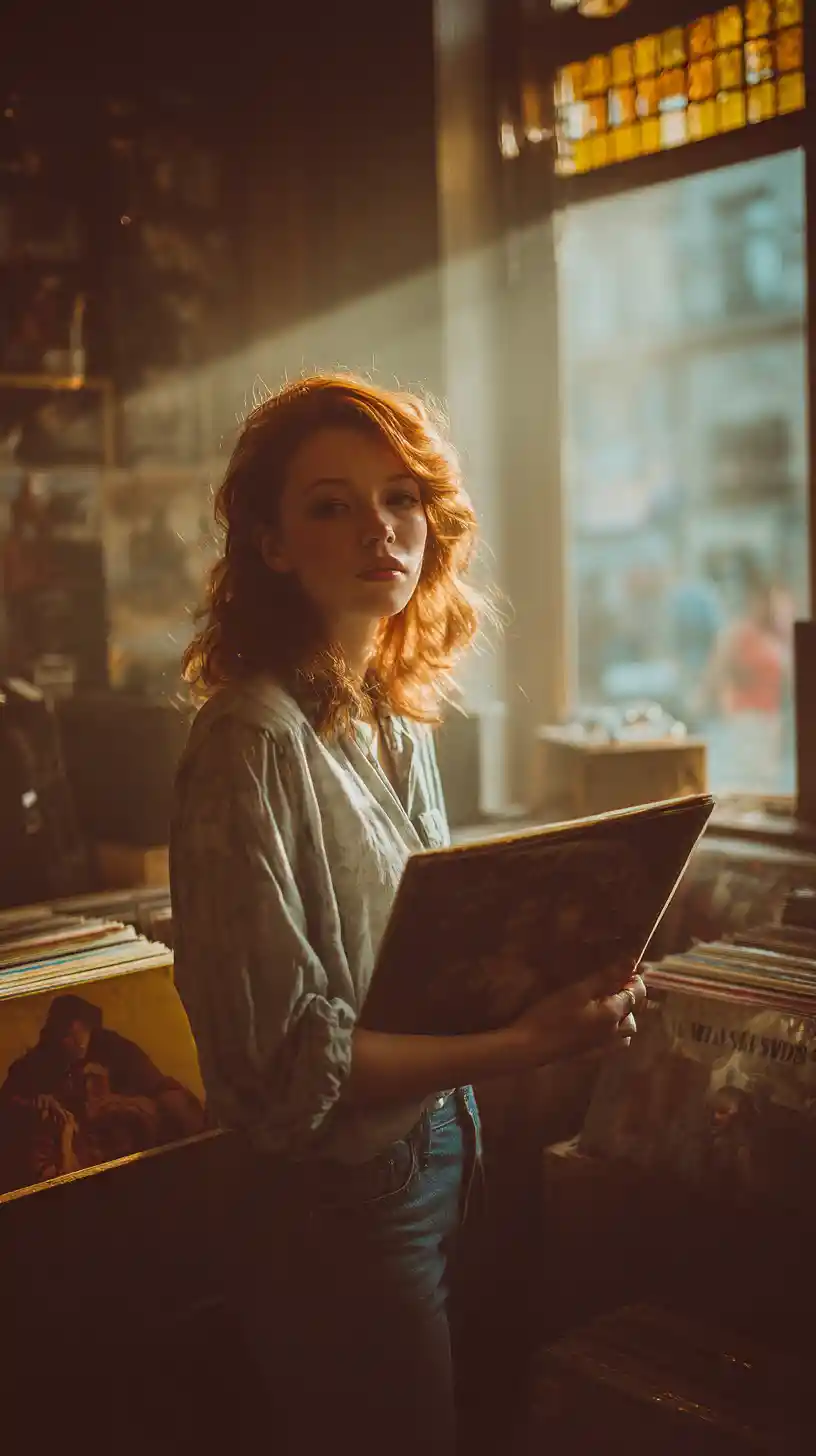 Junge Frau mit Vinyl in einem sonnendurchfluteten Vintage-Schallplattenladen